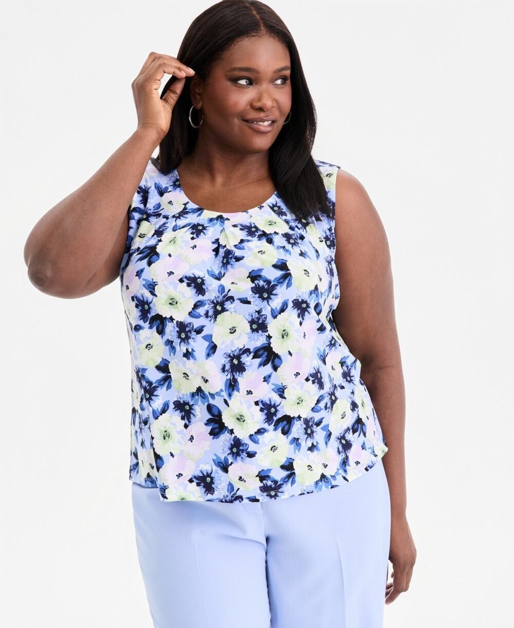 Kasper Plus Size Pleat-Neck Sleeveless Floral Top Multi Size 1X 3673